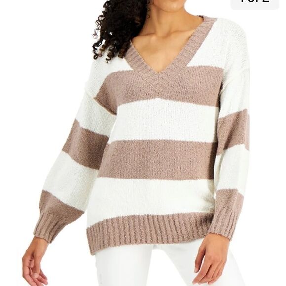 New Hippie Rose Juniors V-Neck Tunic Sweaters brown/white size M - Picture 1 of 3